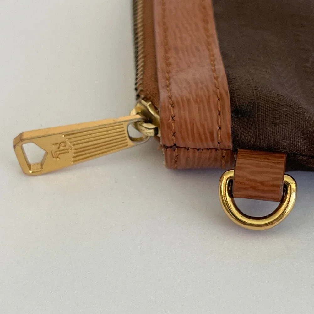 Lauren Ralph Lauren Brown Nylon Logo Pouch Makeup Bag Gold‎ Hardware RLL